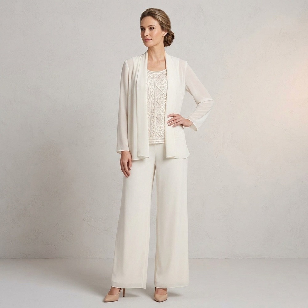 R&M Richards Pant Suit Womens 14W Ivory Polyester 3pc Set Wedding Guest Classic